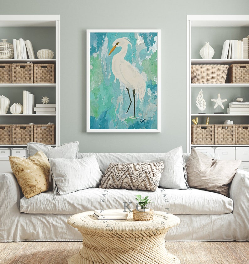 Egret wall art 2 , Original bird painting , Egret print , wading bird , Coastal wall art image 6