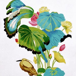 Print of my original water lilies painting featuring a nature scene with a golden wading bird and vibrant lotus plants against a white background. A long-beaked, golden-brown bird stands in ripples of water at the bottom left. Large, oversized lily pads in shades of bright green, teal, and turquoise dominate the center, detailed with delicate blue veins and scalloped dark edges. Soft pink and pale yellow lotus blossoms bloom on tall, slender stems. Signed "JeC" in script at the bottom right.