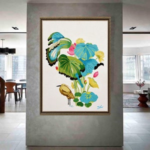 Print of my original water lilies painting featuring a nature scene with a golden wading bird and vibrant lotus plants against a white background. A long-beaked, golden-brown bird stands in ripples of water at the bottom left. Large, oversized lily pads in shades of bright green, teal, and turquoise dominate the center, detailed with delicate blue veins and scalloped dark edges. Soft pink and pale yellow lotus blossoms bloom on tall, slender stems. Signed "JeC" in script at the bottom right.