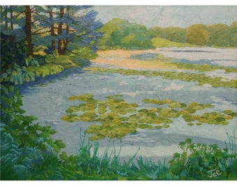 Serene Lake Landscape, Impressionist Water Lilies Painting, Textured Coastal Wall Art
