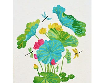 Seerosenblatt und Libelle Wandbild, Seerosen Bild, rosa Lotus Blume, Küsten Kunstwerk