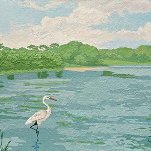 Landschapskunst aan de muur, reigerschilderij, waadvogel, moderne kustkunst