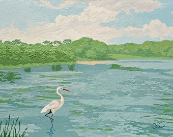 Landscape wall art , Heron painting , Wading bird , Modern coastal art