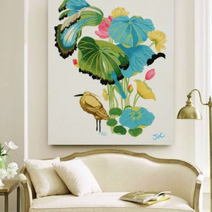 Print of my original water lilies painting featuring a nature scene with a golden wading bird and vibrant lotus plants against a white background. A long-beaked, golden-brown bird stands in ripples of water at the bottom left. Large, oversized lily pads in shades of bright green, teal, and turquoise dominate the center, detailed with delicate blue veins and scalloped dark edges. Soft pink and pale yellow lotus blossoms bloom on tall, slender stems. Signed "JeC" in script at the bottom right.