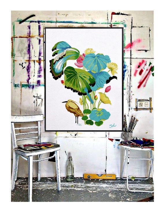 Water lily, Lotus flower decor, Colorful wall boho, Lotus print, Lily painting, Lily pads, Bird lovers gift, Nature lover present