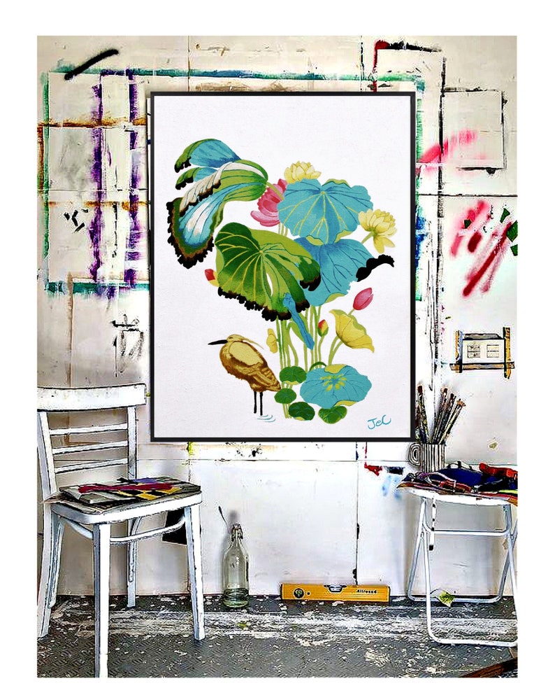 Water lily & lotus flower decor,colorful wall boho whimsical art print,modern coastal art print of my original painting on canvas,blue & green lily pads with yellow & pink water lily blooms & a cute wading bird on a white background.bird lover gift.
