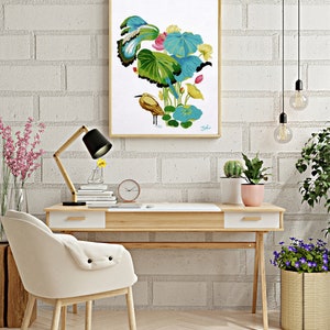 Print of my original water lilies painting featuring a nature scene with a golden wading bird and vibrant lotus plants against a white background. A long-beaked, golden-brown bird stands in ripples of water at the bottom left. Large, oversized lily pads in shades of bright green, teal, and turquoise dominate the center, detailed with delicate blue veins and scalloped dark edges. Soft pink and pale yellow lotus blossoms bloom on tall, slender stems. Signed "JeC" in script at the bottom right.