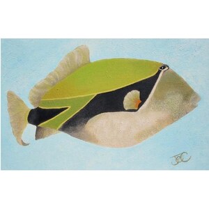 May include: An original painting of a fish with a light blue background. The fish has a green and black top, a white body, and yellow fins. The painting is signed in the bottom right corner.