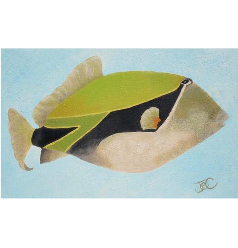 May include: An original painting of a fish with a light blue background. The fish has a green and black top, a white body, and yellow fins. The painting is signed in the bottom right corner.