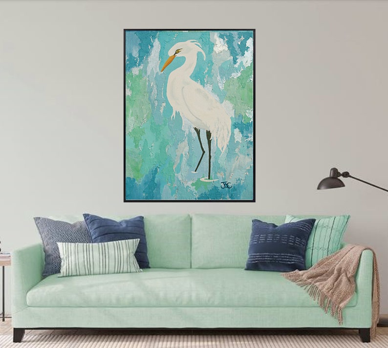 Egret wall art 2 , Original bird painting , Egret print , wading bird , Coastal wall art image 9