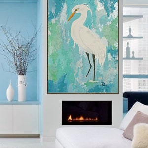 Egret wall art 2 , Original bird painting , Egret print , wading bird , Coastal wall art image 1