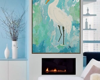 Egret wall art #2 , Original bird painting , Egret print , wading bird , Coastal wall art