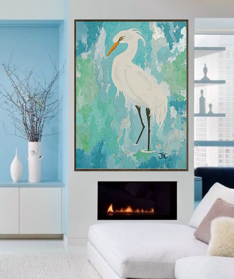 Egret wall art 2 , Original bird painting , Egret print , wading bird , Coastal wall art image 1