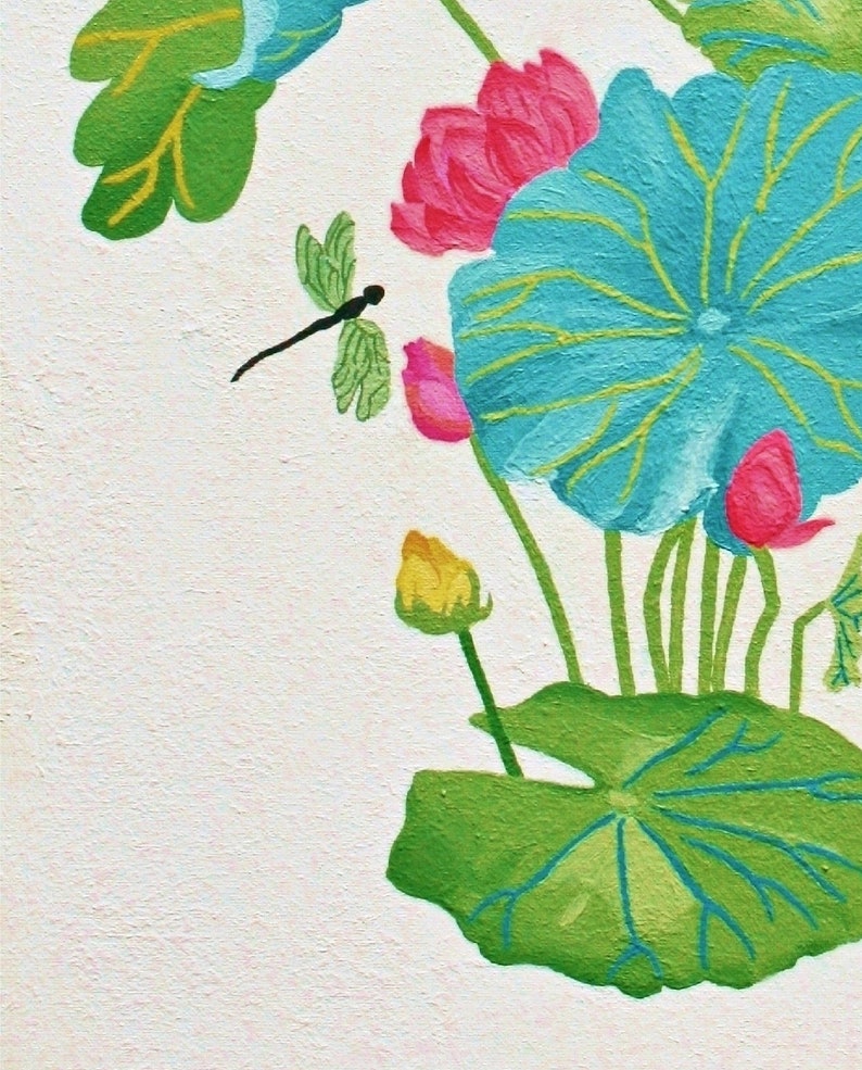 My painting of a blue and green lotus flower with pink and yellow buds. A dragonfly is flying above the flower.