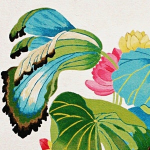 Print of my original water lilies painting featuring a nature scene with a golden wading bird and vibrant lotus plants against a white background. A long-beaked, golden-brown bird stands in ripples of water at the bottom left. Large, oversized lily pads in shades of bright green, teal, and turquoise dominate the center, detailed with delicate blue veins and scalloped dark edges. Soft pink and pale yellow lotus blossoms bloom on tall, slender stems. Signed "JeC" in script at the bottom right.