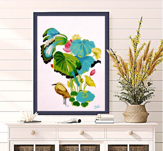 Original Water Lily and Lotus Flower Artwork with Wading Bird Wall Decor