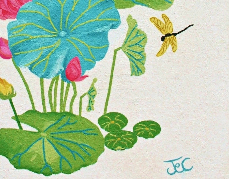 My painting of a lotus flower with green leaves and a yellow dragonfly. The background is white. My artist's signature, "JeC." is in the bottom right corner.