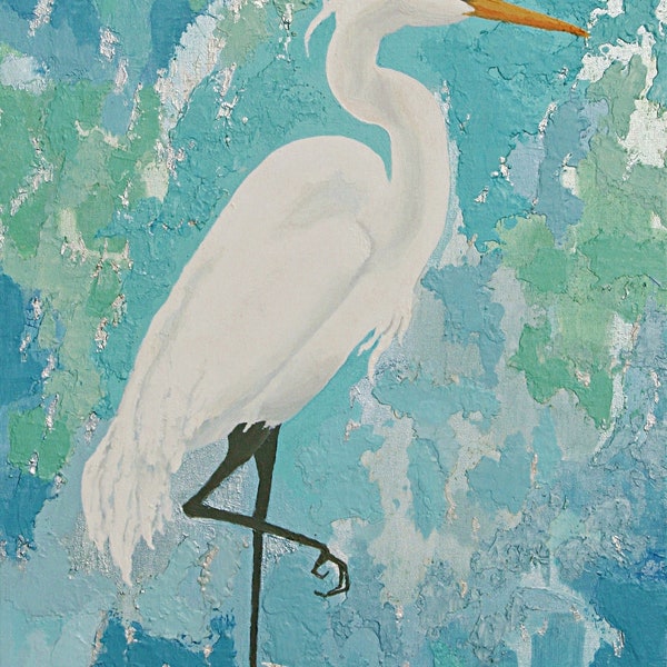 Art mural aigrette n°1 , Peinture d'oiseau originale , Impression aigrette , Décoration côtière , Art côtier moderne