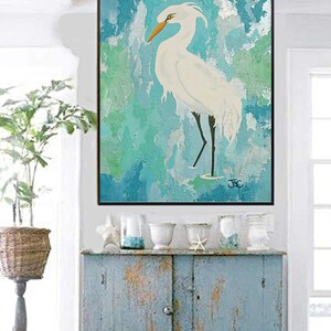 Egret wall art 2 , Original bird painting , Egret print , wading bird , Coastal wall art image 8