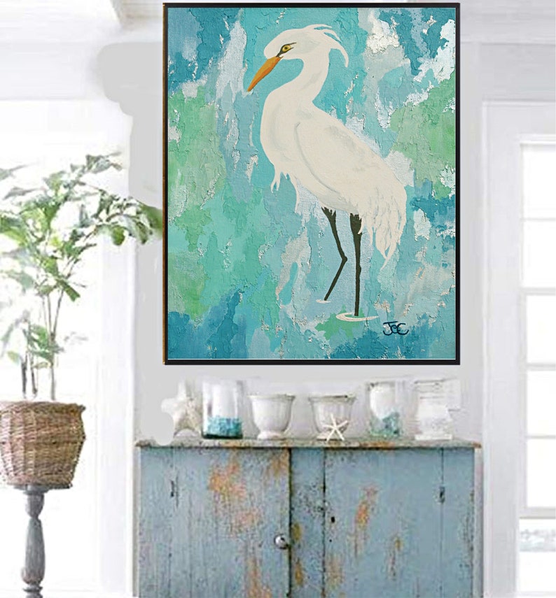 Egret wall art 2 , Original bird painting , Egret print , wading bird , Coastal wall art image 8