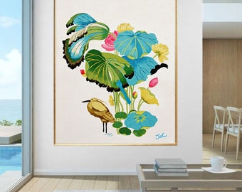 Coastal wall art , Waterlily , Lily painting , Lotus flower decor , Wading bird , Botanical art print