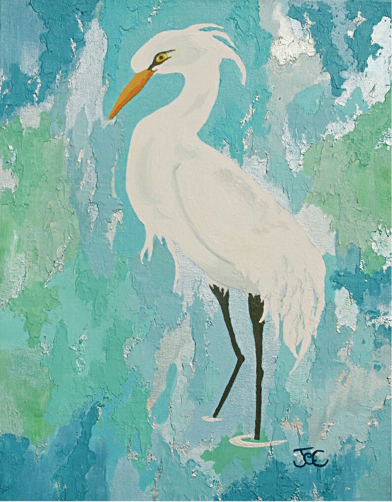 Egret wall art 2 , Original bird painting , Egret print , wading bird , Coastal wall art image 2