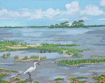 Peaceful landscape, Low country marsh, Chesapeake Bay, Great egret, Coastal farmhouse, Pond painting, Shore bird, Nature lover gift