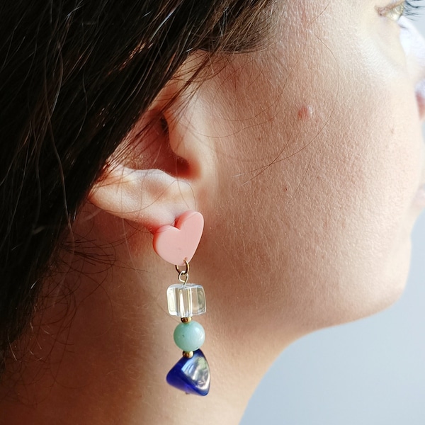 Boucles d'oreilles upcycling perles acrylique - style vintage - Acier inox - tendance  - idée cadeau
