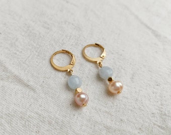 Aquamarine and cultured pearl earrings/ fine jewelry/ gift/ lithotherapy/ fashion jewelry/ summer jewelry