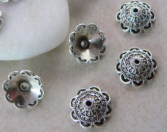 10 filigree flower cup caps in silver-colored metal in the shape of a cone, diameter 14 mm