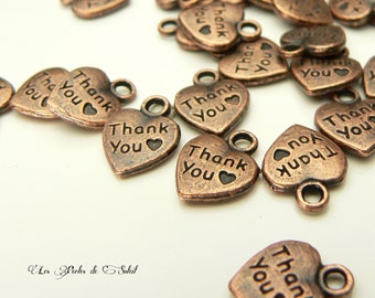 25 charms heart thank you metal color antique copper 10x13mm