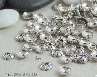 25  calottes 6mm fleurs 8 pétales en métal coul argent