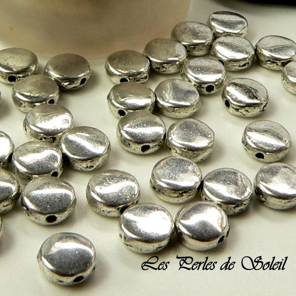 25 perles palets en metal ronds   argenté antique  8mm