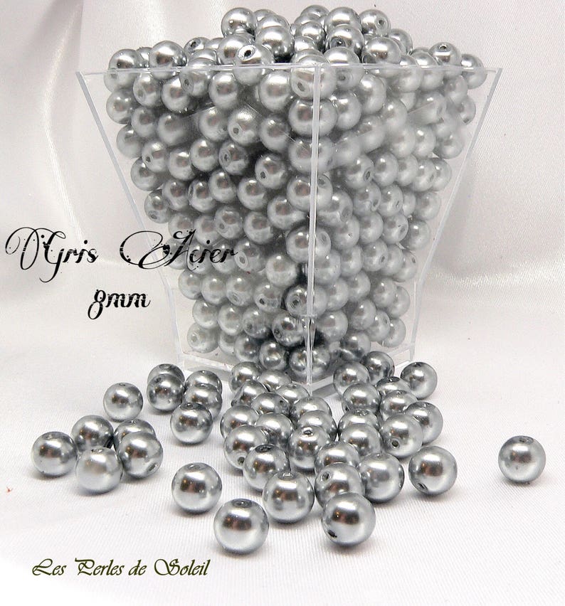 Perles nacrées GRIS ACIER en verre 4mm, 6mm, 8mm, image 2