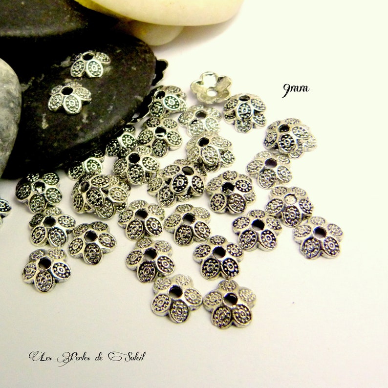 25 caps 9mm flowers 5 petals in metal coul silver image 2