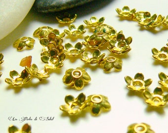 25 tappi per coppe fiore a 5 petali in metallo color oro dim 7x6 mm