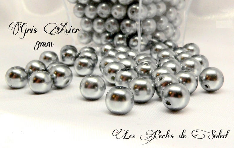 Perles nacrées GRIS ACIER en verre 4mm, 6mm, 8mm, image 3