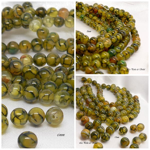 Perles naturelles veritables agate vertes veine de dragon au choix 6mm, 8mm, 10mm.