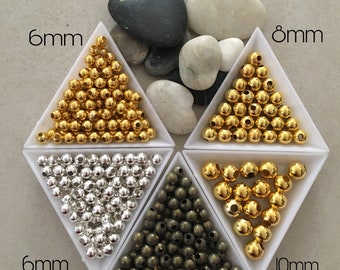 Perles en métal 6mm, 8mm et 10mm doré argent ou bronze
