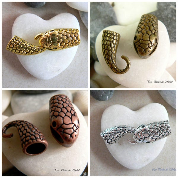 gold-colored snake head and tail cord clasp; silvered, copper or antique bronze 37x12 mm