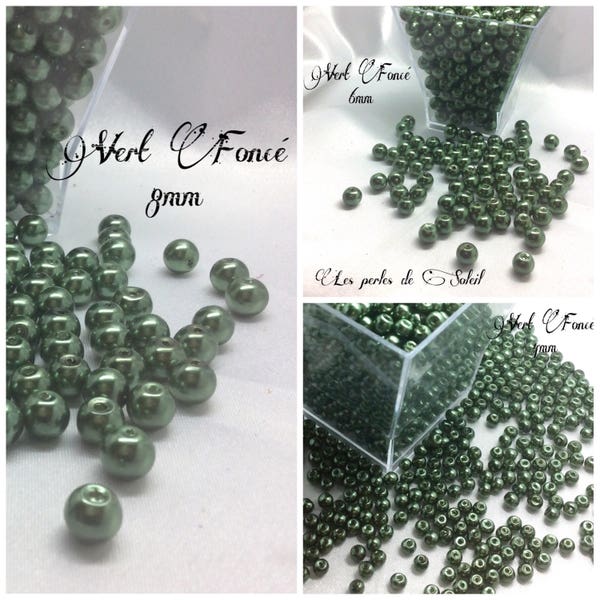 Perles nacrées VERT FONCÉ en verre    4mm, 6mm, 8mm,