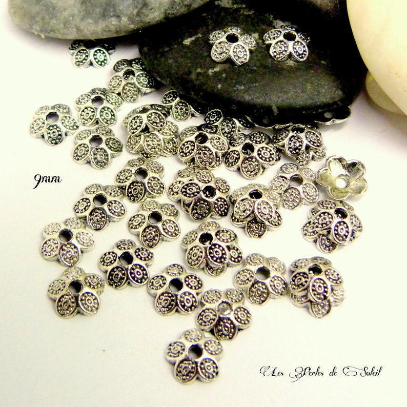 25 caps 9mm flowers 5 petals in metal coul silver image 4