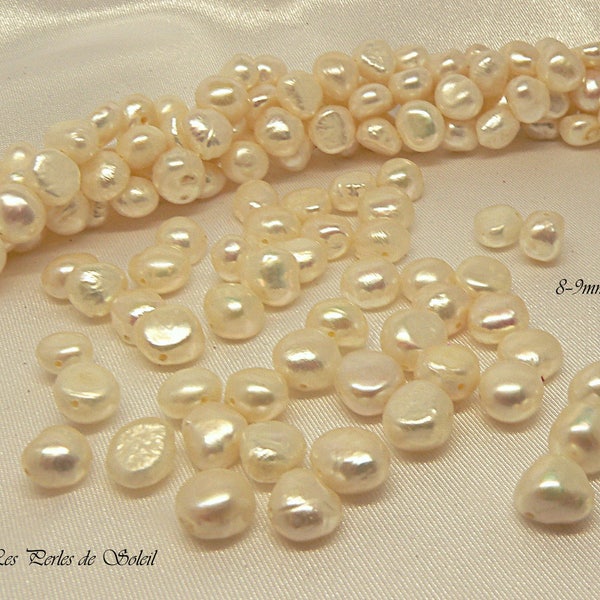 8-9 mm veritables perles de culture nacrées baroques d'eau douce potatos blanches