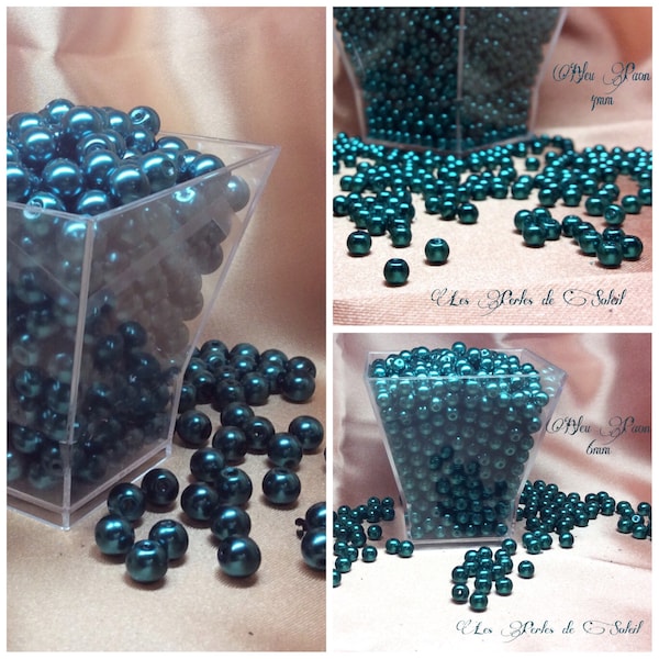 Perles nacrées BLEU PAON en verre 4mm, 6mm, 8mm