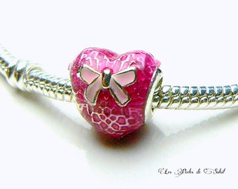 2 Perles européennes coeur emaillé rose fuschia pour bracelet charm en metal argent 12x11mm