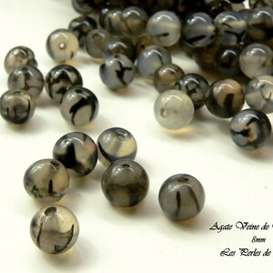 10 Perles D'agate 10mm Veinées Dragon Gris Et Noir – Craquelées, Pour Création De Bijoux