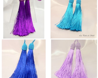 2 grands pompons avec coupelle en corde couleur tassel  mauve, violet, bleu clair ou foncé 12 cm