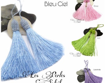 2 grands pompons avec coupelle en corde tassel  couleur bleu ciel, rose, vert tendre ou lavande 12 cm