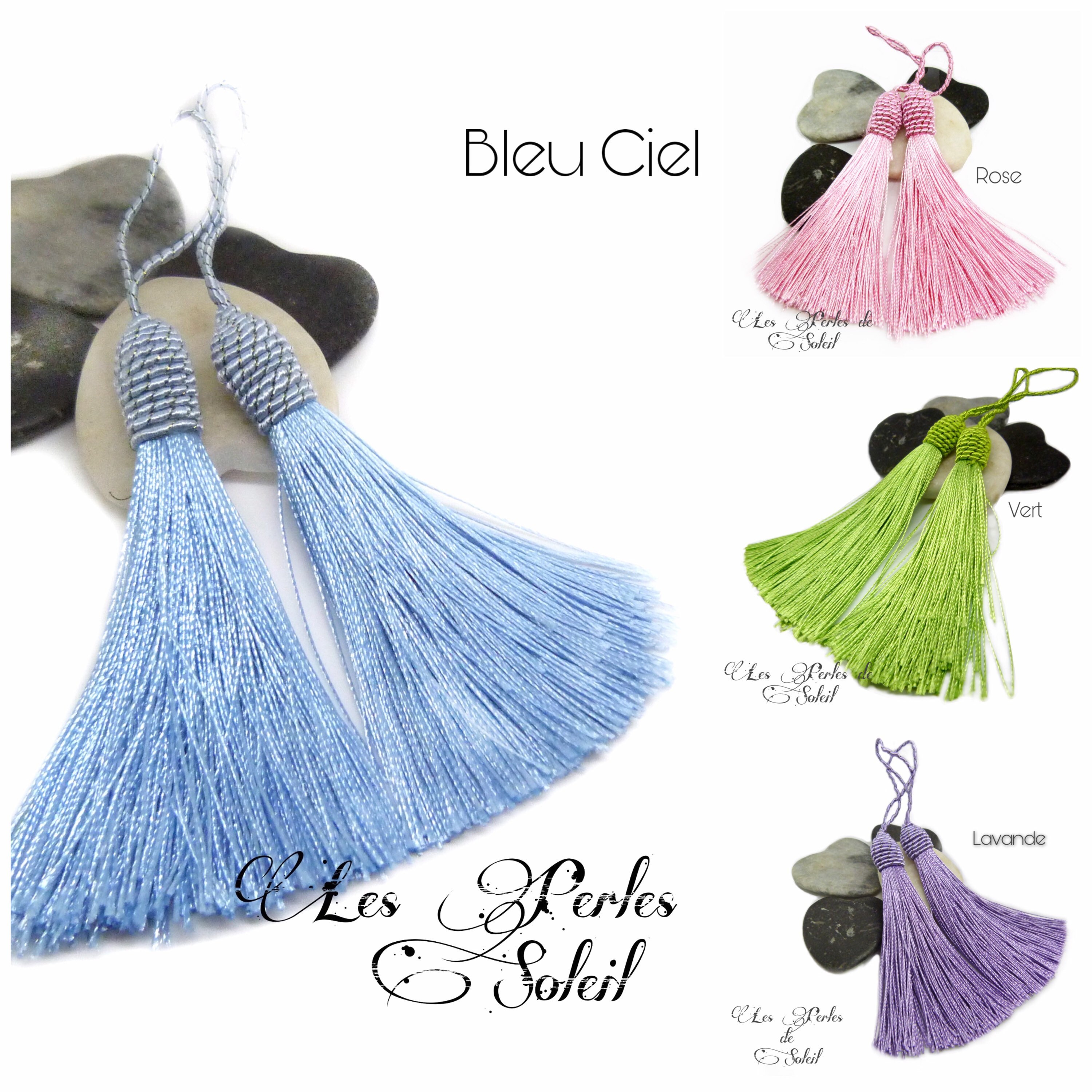 2 grands pompons avec coupelle en corde tassel  couleur bleu ciel, rose, vert tendre ou lavande 12 cm