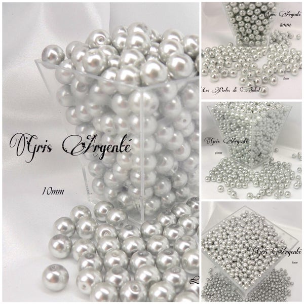 Perles nacrées GRIS ARGENTÉ en verre  4mm, 6mm, 8mm et 10mm